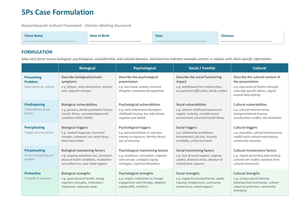 5Ps Biopsychosocial–Cultural Case Formulation Template (Clinical ...